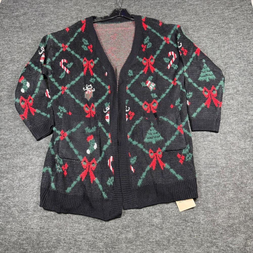 Bloomchic Women's Black Christmas Cardigan Sweater US 12 Holiday Candy Cane Bows